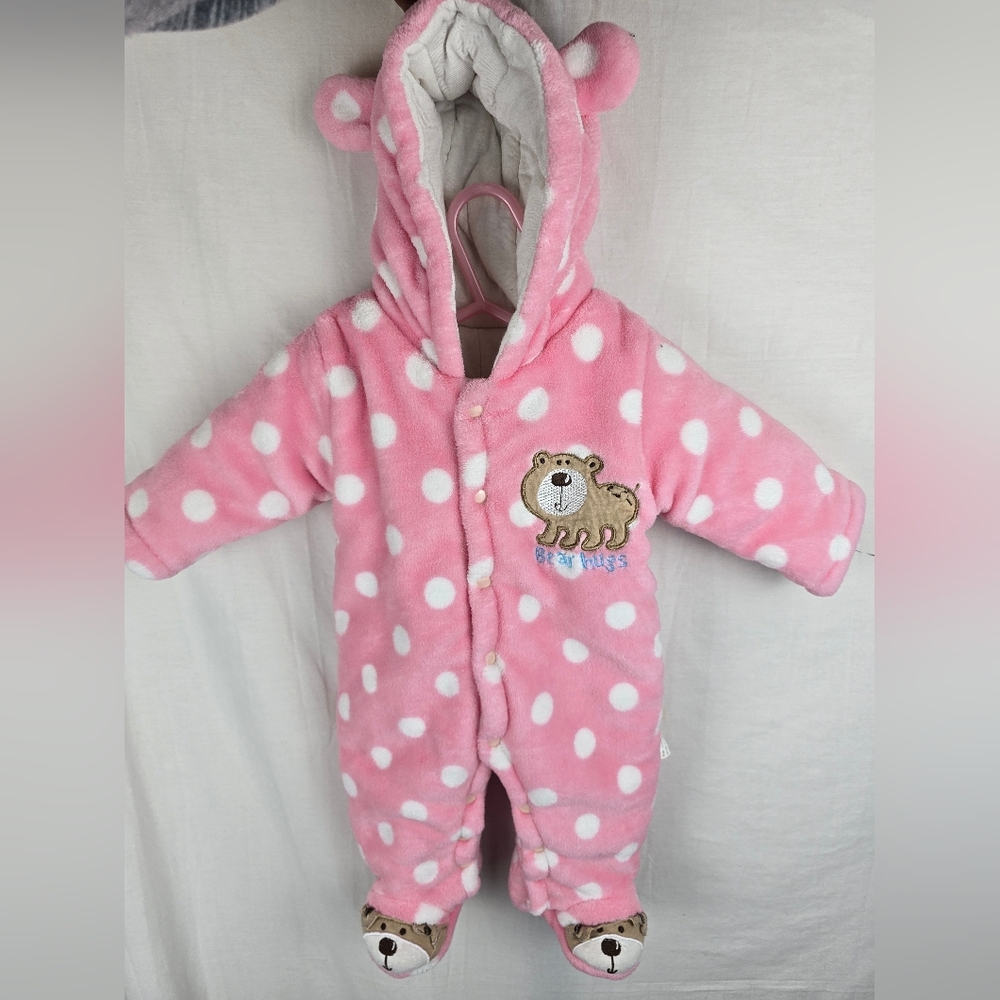 Pink Polka Dot Bear Hug One Piece Snowsuit Sz 6/9 Months